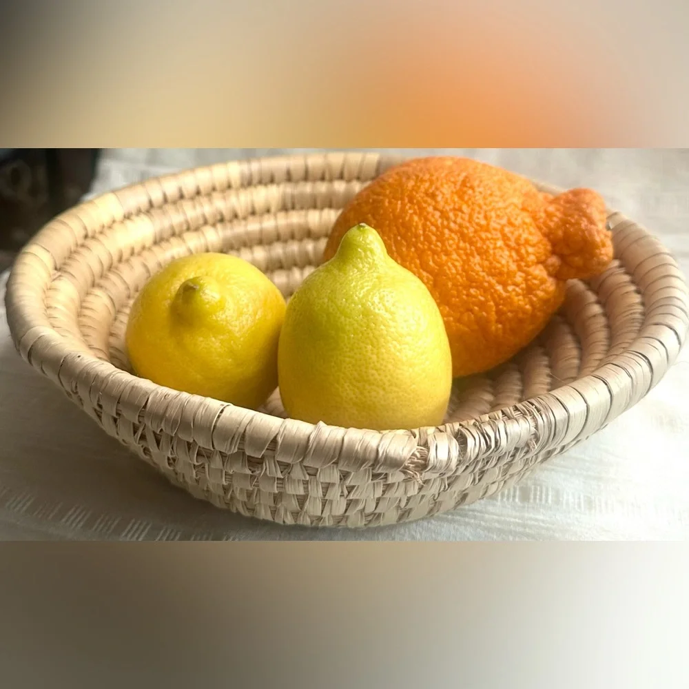 Vintage Bahamas Handwoven Straw Basket Bowl Boho Coastal Decor